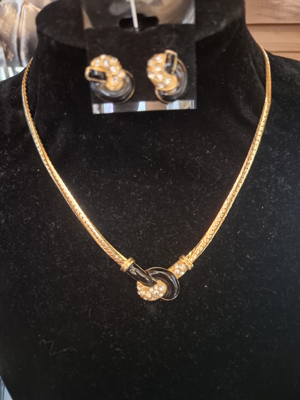 Vintage Avon 1995 Gold and Black Knot Necklace with Crystal Accents